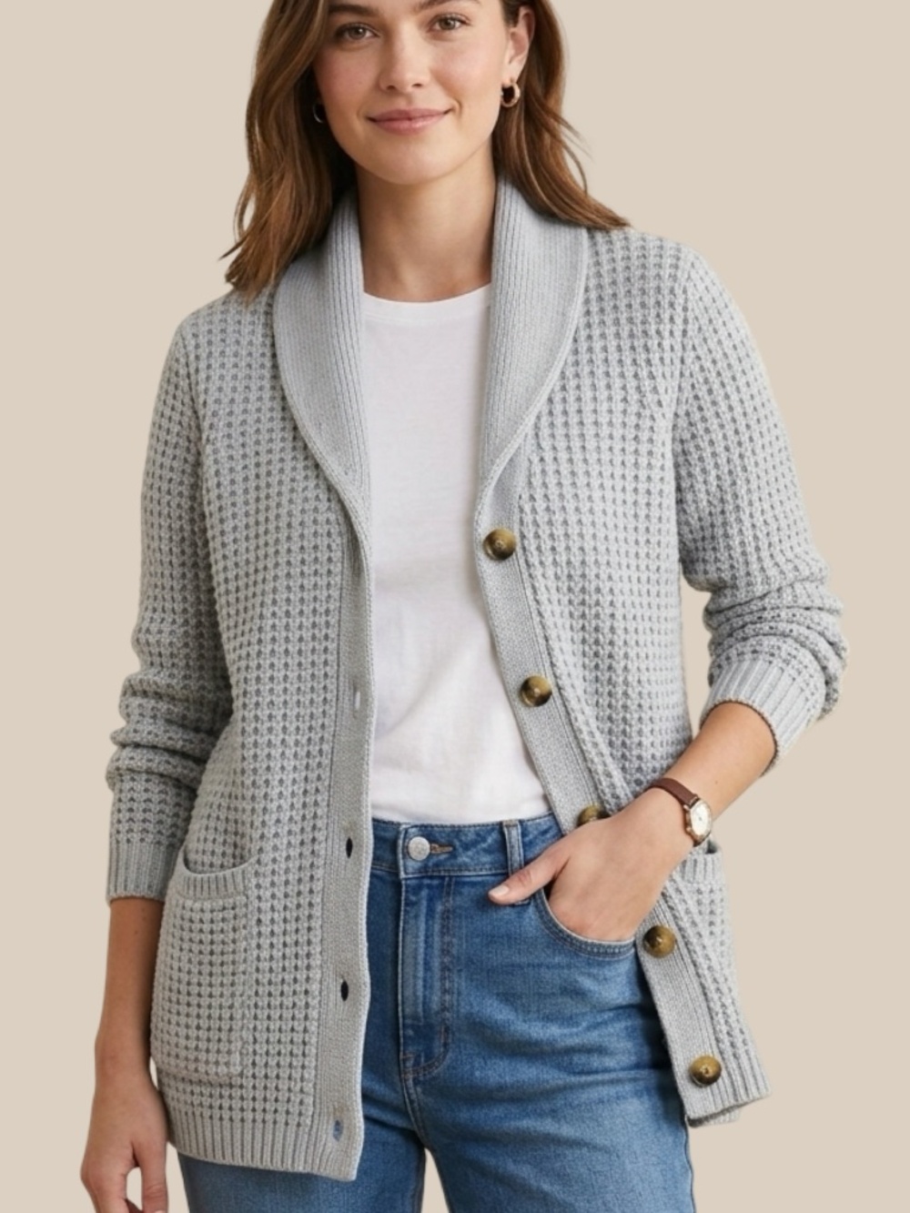 Lands End Women's Light Gray Waffle Shaker Knit Shawl Collar Cardigan Sweater M